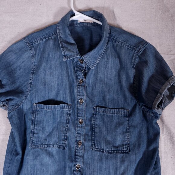 Silver Jeans Shirt Dress Medium Chambray Blue Denim-Like Button Front Drawstring - Picture 7 of 13